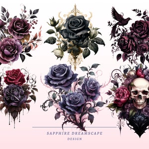 May include: A collection of watercolor floral designs featuring roses in shades of burgundy, purple, and black. Some designs include a skull, a bird, and ornate frames. The text "SAPPHIRE DREAMSCAPE DESIGN" is at the bottom.