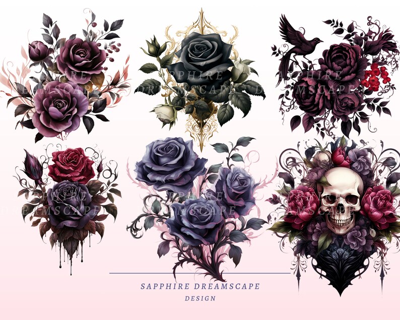 May include: A collection of watercolor floral designs featuring roses in shades of burgundy, purple, and black. Some designs include a skull, a bird, and ornate frames. The text "SAPPHIRE DREAMSCAPE DESIGN" is at the bottom.