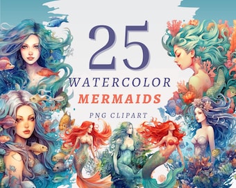25 Watercolor Mermaids Clipart, High Quality Transparent PNGs, Instant Download, Commercial Use - Beautiful Mermaids, Mermaid png Bundle