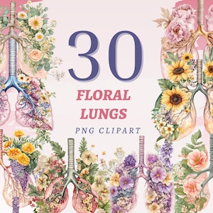 以下が含まれることがあります： 様々な花で飾られた肺の水彩イラストが特徴のデジタルアート画像です。「30 Floral Lungs PNG Clipart」というテキストがピンクと紫の配色で含まれており、デジタルアートプロジェクトに適しています。