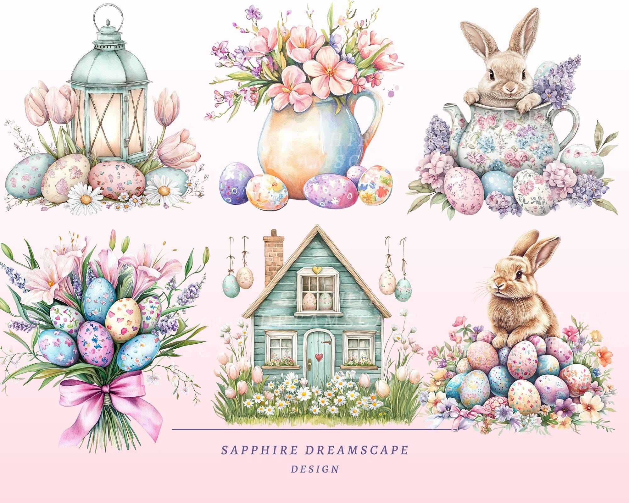50 Pastel Easter Clipart Watercolor Bunny Eggs Spring Floral PNG Set ...