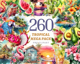 260 Tropical Paradise Clipart Mega Bundle, Vibrant Summer PNG Set for Crafting & Design Projects