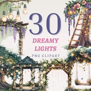 Può includere: 30 Dreamy Lights PNG Clipart. Una collezione di 30 illustrazioni digitali con luci fatate capricciose, alberi e un gazebo. Le luci sono infilate intorno agli alberi, un gazebo e un'altalena. Le illustrazioni sono perfette per aggiungere un tocco di magia ai tuoi progetti.
