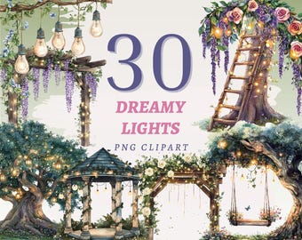 30 Dreamy Lights Clipart Whimsical Florals Printable Hanging Light Decor Bundle Boho Garden Print Art Cottagecore Fairytale Artwork 300 DPI