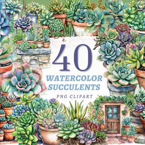 May include: Watercolor illustration of 40 succulents in various pots. The image features a variety of green, blue, and purple succulents. The text "40 WATERCOLOR SUCCULENTS PNG CLIPART" is displayed in the center of the image.