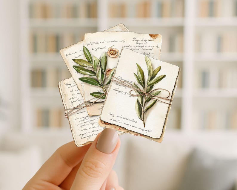 Puede incluir: Un conjunto de tarjetas de papel de estilo vintage con escritura a mano e ilustraciones de acuarela de ramas de olivo y peque&ntilde;as flores. Las tarjetas est&aacute;n atadas con hilo, creando una est&eacute;tica r&uacute;stica y bot&aacute;nica.