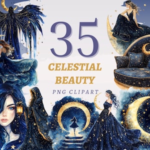 35 Clipart de Beleza Celestial, PNGs Transparentes de Alta Qualidade, Download Instantâneo, Uso Comercial - Ilustrações Azul Marinho, Design de Fantasia Dourada