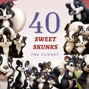 40 Sweet Skunks Clipart, High Quality Transparent PNGs, Instant Download, Commercial Use - Smelly Animals prints, Black and White Animal set