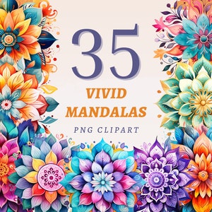35 clipart vivaci di mandala, PNG trasparenti di alta qualità, download istantaneo, uso commerciale, disegni di mandala colorati, stampa di simboli indiani