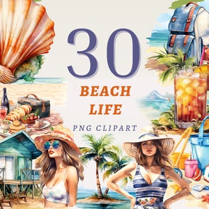 30 Beach Life Clipart, PNGs transparentes de alta qualidade, download instantâneo, uso comercial - gráfico de férias ensolaradas, pacote para impressão de viagens marítimas