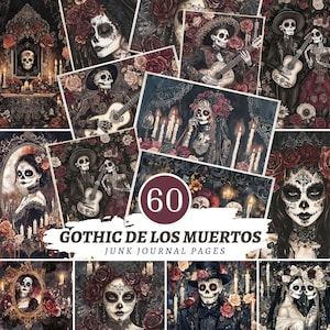 Vintage Gothic Dia De Los Muertos Junk Journal Pages, Mexican Halloween Calavera Catrina Digital Paper, Dark Rose Skull Printable Sheets