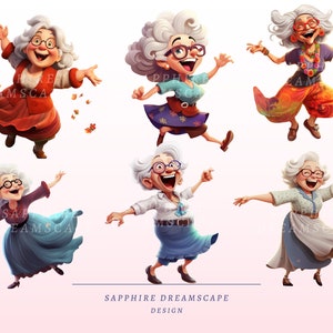 May include: Six cartoon illustrations of an elderly woman with grey curly hair, glasses, and a joyful expression. She is wearing different outfits in various colours, including red, blue, and purple. The text "SAPPHIRE DREAMSCAPE DESIGN" is at the bottom.