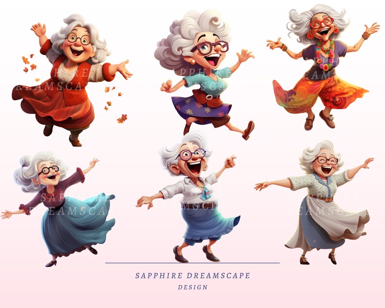 May include: Six cartoon illustrations of an elderly woman with grey curly hair, glasses, and a joyful expression. She is wearing different outfits in various colours, including red, blue, and purple. The text "SAPPHIRE DREAMSCAPE DESIGN" is at the bottom.