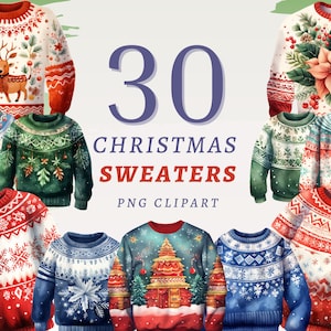 30 Clipart di maglioni natalizi, PNG trasparenti di alta qualità, download immediato, uso commerciale - Pacchetto PNG di moda natalizia accogliente, stampe invernali