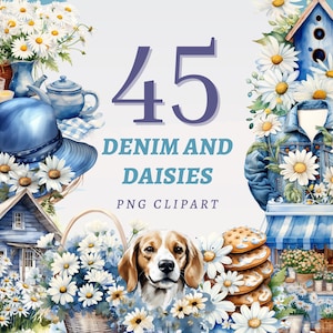 45 clipart de jeans e margaridas, PNGs transparentes de alta qualidade, download instantâneo, uso comercial - design de casa de fazenda, imprimíveis de primavera azul