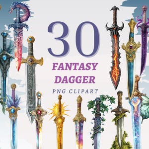 30 imágenes prediseñadas de dagas de fantasía, espada de guerrero, impresión gratuita, ilustración de uso comercial, equipo de combate medieval, juego de cartas de mesa, arma DND, acuarela