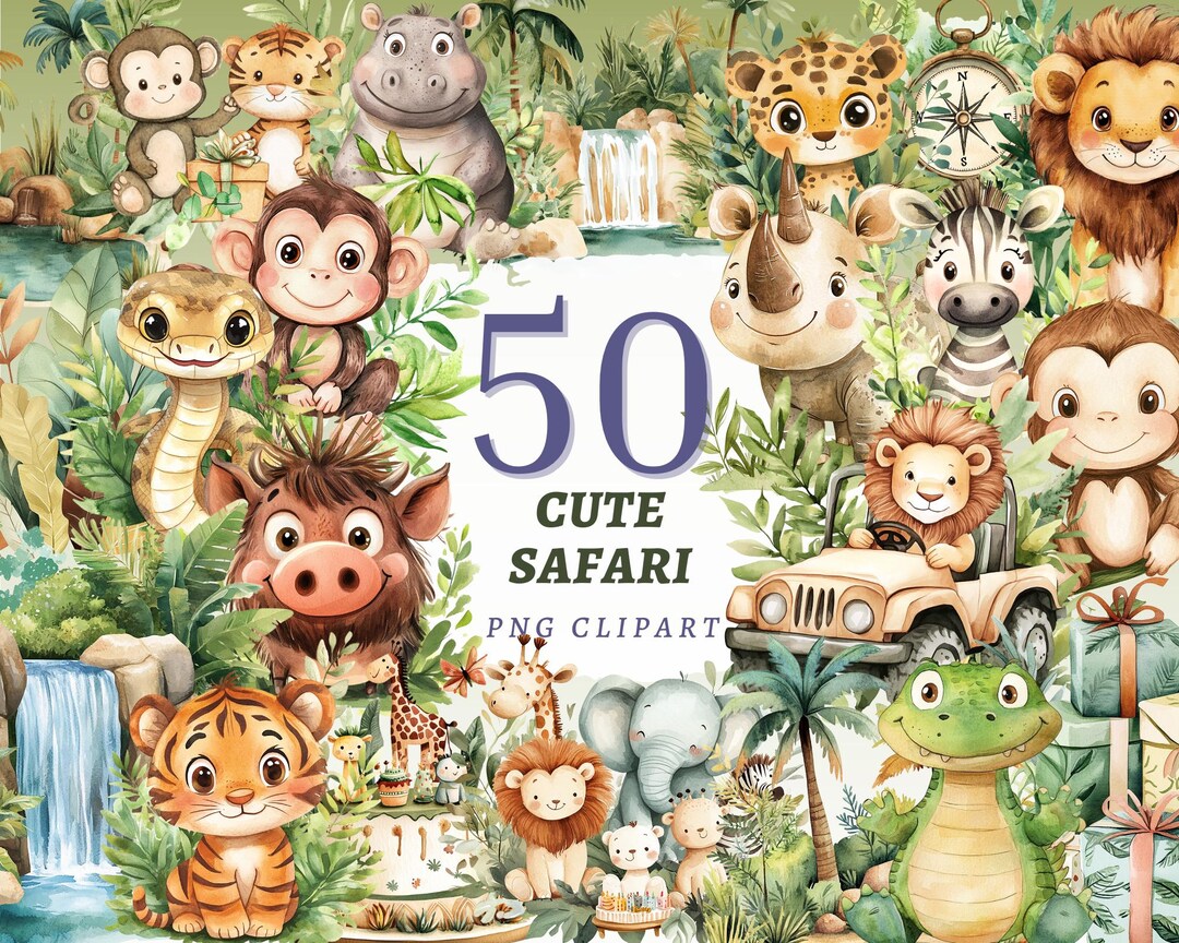 50 Cute Safari Animals Clipart Nursery Jungle Baby Shower PNG Bundle ...