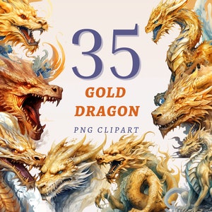 35 cliparts dragons dorés, PNG transparents de haute qualité, téléchargement immédiat, usage commercial - imprimables créatures anciennes, lot de Dragons du zodiaque