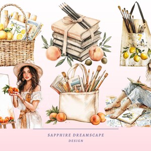 Puede incluir: Ilustraci&oacute;n en acuarela con materiales de arte, libros y frutas. Una cesta de mimbre contiene limones y materiales de arte. Una mujer con un vestido blanco y sombrero sostiene melocotones. La imagen incluye un delantal con limones, un bolso tote con pinceles y una mujer esbozando.