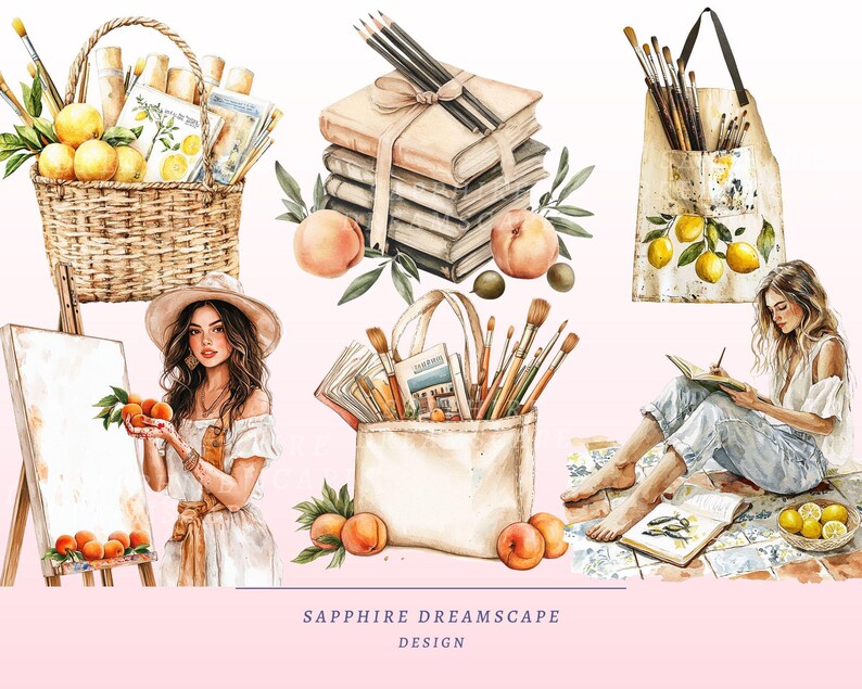 Puede incluir: Ilustraci&oacute;n en acuarela con materiales de arte, libros y frutas. Una cesta de mimbre contiene limones y materiales de arte. Una mujer con un vestido blanco y sombrero sostiene melocotones. La imagen incluye un delantal con limones, un bolso tote con pinceles y una mujer esbozando.