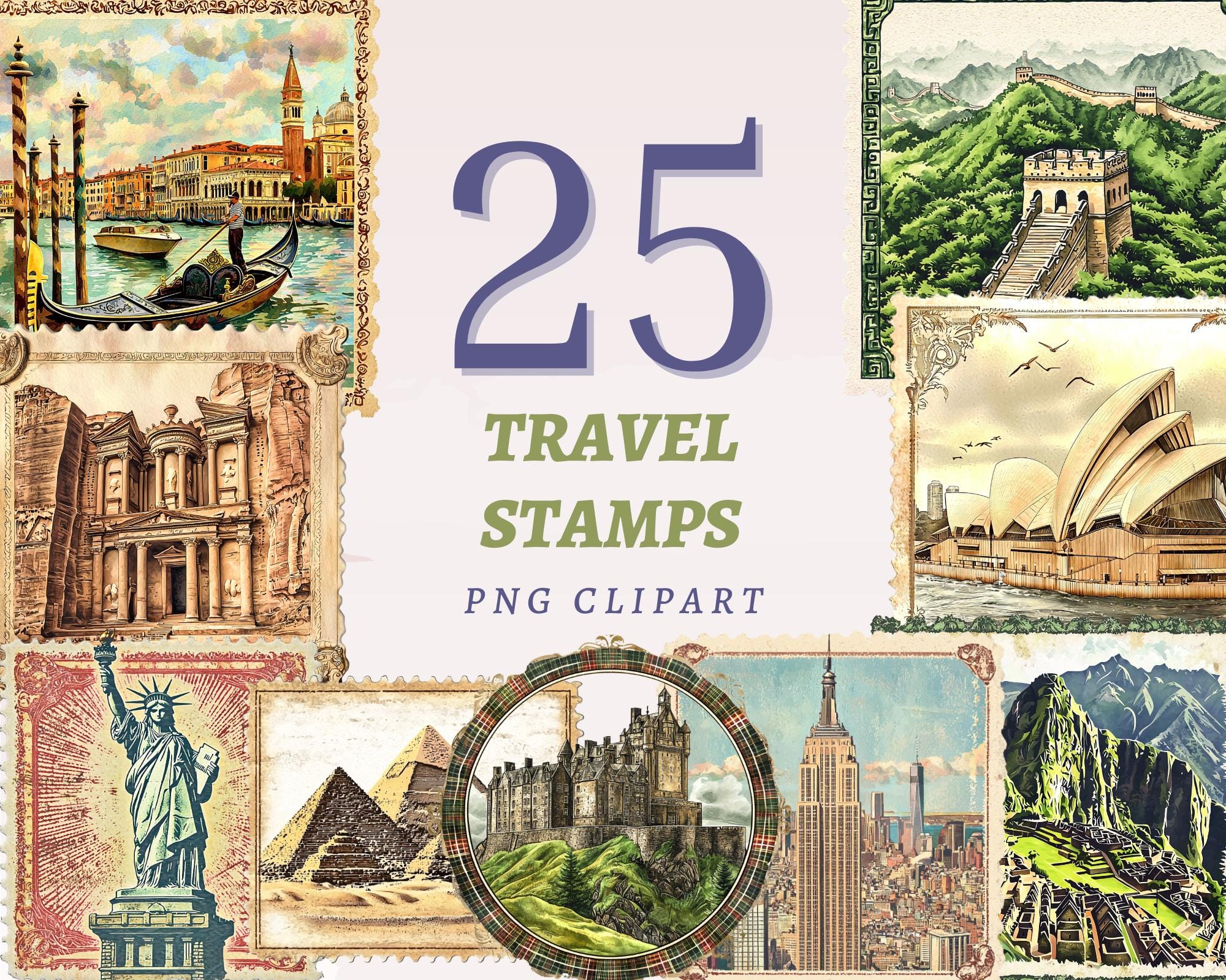 25 Travel Stamps Clipart, High Quality Transparent PNGs with Instant Download, Commercial Use - Retro landmark graphic, Traveling Lovers art