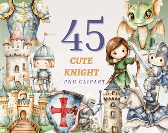 Puede incluir: Ilustraciones en acuarela de caballeros, castillos y un dragón. La imagen incluye un escudo con una cruz roja, un caballero a caballo y el texto "45 CUTE KNIGHT PNG CLIPART". La paleta de colores es suave con tonos pastel.