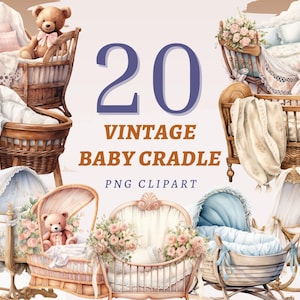 20 Clipart di culle vintage per bambini, PNG trasparenti di alta qualità, download immediato, uso commerciale - Stampe di ceste per dormire, grafica di letti piccoli