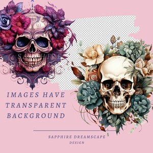 40 blommiga dödskallar Clipart, högkvalitativa transparenta PNG-bilder, omedelbar nedladdning, kommersiellt bruk - ben- och blomillustrationer, färgglad blomma bild 3