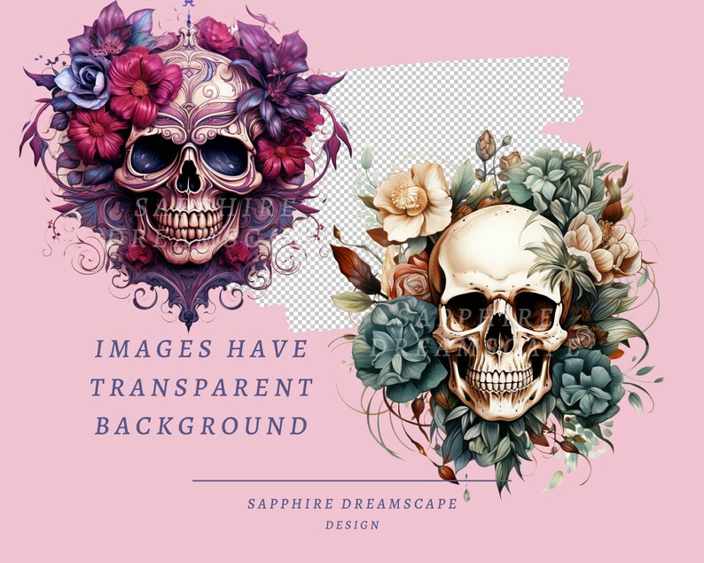 40 blommiga dödskallar Clipart, högkvalitativa transparenta PNG-bilder, omedelbar nedladdning, kommersiellt bruk - ben- och blomillustrationer, färgglad blomma bild 3