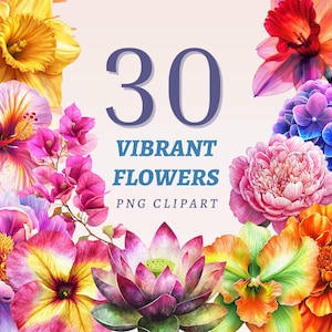 30 cliparts de fleurs vibrantes, PNG transparents de haute qualité, téléchargement immédiat, usage Commercial - oeuvre de fleurs colorées, art jardin fantastique