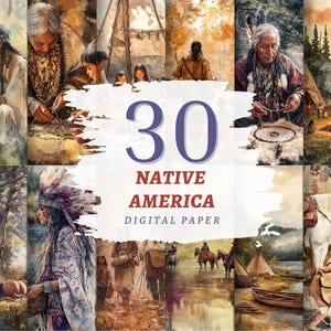 Può includere: Un collage di illustrazioni ad acquerello raffiguranti la vita dei nativi americani. Le immagini includono persone che creano, vivono in tende e vanno a cavallo. Il testo recita "30 Native America Digital Paper."