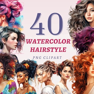 40 imágenes prediseñadas de peinado de acuarela, PNG transparentes de alta calidad, descarga instantánea, uso comercial - ilustraciones de peinados, conjunto de trenzas de cabello