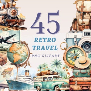 45 clipart di viaggio retrò, PNG trasparenti di alta qualità, download istantaneo, uso commerciale - diario di viaggio, set di illustrazioni del diario della memoria