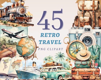 45 Retro Travel Clipart, High Quality Transparent PNGs, Instant Download, Commercial Use - Traveling Diary, Memory Journal Illustration set