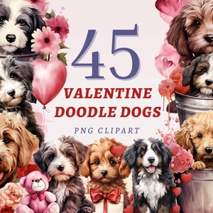 45 imágenes prediseñadas de perros doodle de San Valentín, PNG transparentes de alta calidad, descarga instantánea, uso comercial - Imprimibles de perros adorables, paquete de mascotas adorables