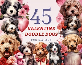 45 Valentine Doodle Dogs Clipart, High Quality Transparent PNGs, Instant Download, Commercial Use - Cute Dog Printables, Adorable Pet Bundle