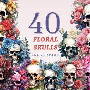 40 Blumen Schädel Clipart, hochwertige transparente PNGs, sofortiger Download, kommerzielle Nutzung - Knochen und Blumen Illustrationen, bunte Blume