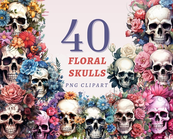 40 Floral Skulls Clipart, High Quality Transparent PNGs, Instant Download, Commercial Use - Bones and Flowers Illustrations, Colorful Flower