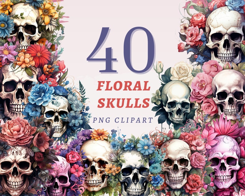 40 blommiga dödskallar Clipart, högkvalitativa transparenta PNG-bilder, omedelbar nedladdning, kommersiellt bruk - ben- och blomillustrationer, färgglad blomma bild 1