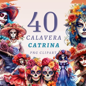 40 Clipart Calavera Catrina, PNG transparents de haute qualité, téléchargement immédiat, usage Commercial - Art femme mexicaine, lot png le jour des morts
