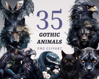 May include: A digital illustration set of 35 gothic animal clip art images. The set includes a wolf, bat, eagle, lion, snake, cat, and panther. The animals are depicted in a dark and mysterious style, with black and gray colors.