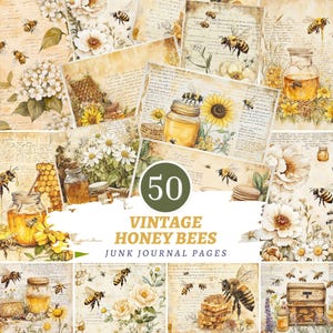 Aquarelles pages de journal indésirable des abeilles, kit botanique imprimable vintage, papier de scrapbooking floral jaune, téléchargement immédiat d'éphémères de jardin