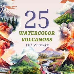 Op de afbeelding: Een set van 25 aquarel illustraties van vulkanen in verschillende stijlen. De illustraties tonen verschillende kleuren, vormen en maten van vulkanen, sommige met rook en lava die uit de top stromen. De tekst "25 Watercolor Volcanoes PNG Clipart" wordt in het midden van de afbeelding weergegeven.