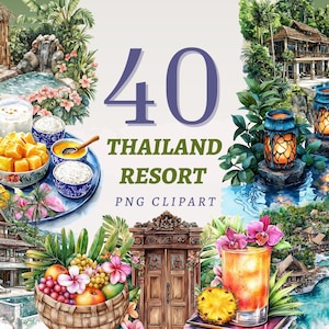 40 Thailand Resort Clipart weißer Lotus inspiriert druckbare Tropische Urlaub Illustration Boho Strand Haus Kunstwerk Set Thai Landschaft Drucke