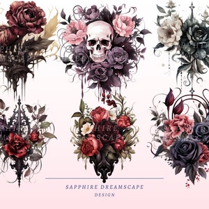 May include: Watercolor illustrations of gothic floral arrangements. The designs feature dark red, purple, and pink roses, skulls, and decorative elements. The text "SAPPHIRE DREAMSCAPE DESIGN" is at the bottom.