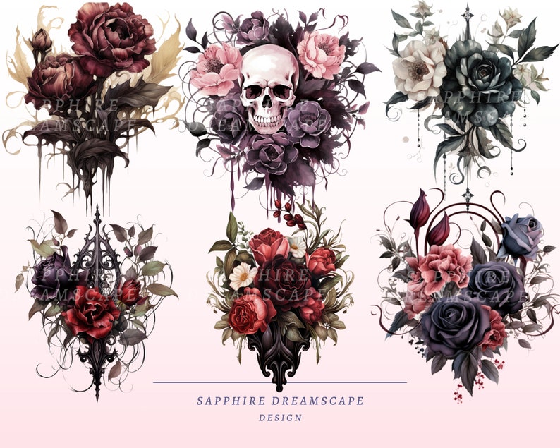May include: Watercolor illustrations of gothic floral arrangements. The designs feature dark red, purple, and pink roses, skulls, and decorative elements. The text "SAPPHIRE DREAMSCAPE DESIGN" is at the bottom.