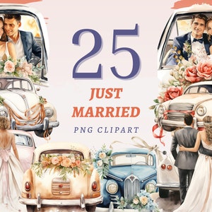 25 clipart de recém-casados, PNGs transparentes de alta qualidade, download instantâneo, uso comercial - arte de casal dirigindo, ilustrações de carros de casamento