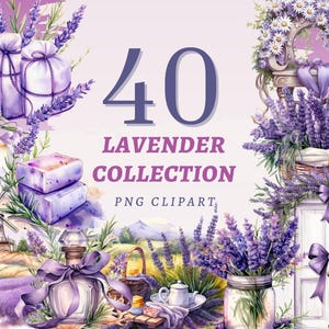40 cliparts Collection lavande, PNG transparents de haute qualité, téléchargement immédiat, usage Commercial - art floral violet, estampes de jardins vintage