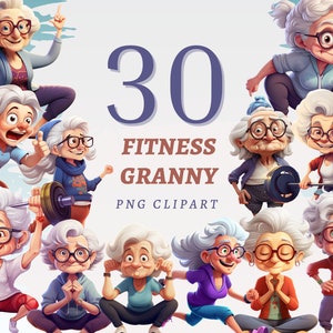 30 Fitness-Oma-Cliparts, hochwertige transparente PNGs, sofortiger Download, kommerzielle Nutzung - Fit Old Woman-Grafik, aktive Oma-Kunstwerke