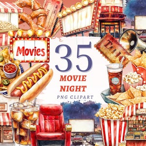Op de afbeelding: Waterverfillustratie van een filmavondthema met popcorn, nacho's, hotdogs, pretzels en frisdrank. Inclusief een rode bioscoopstoel, een "Movies"-bord en de tekst "35 MOVIE NIGHT PNG CLIPART".